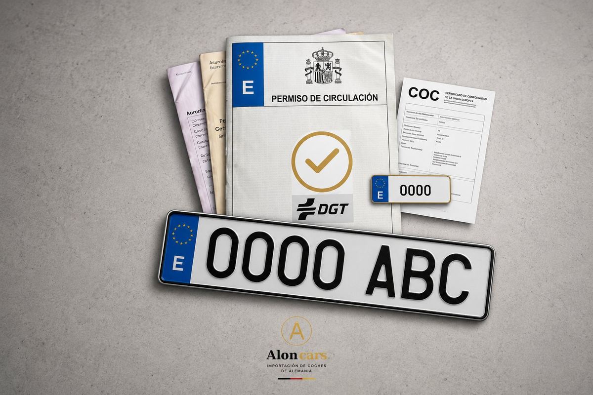 Documentación española de matriculación de un vehículo importado por Aloncars: permiso de circulación, COC y matrícula